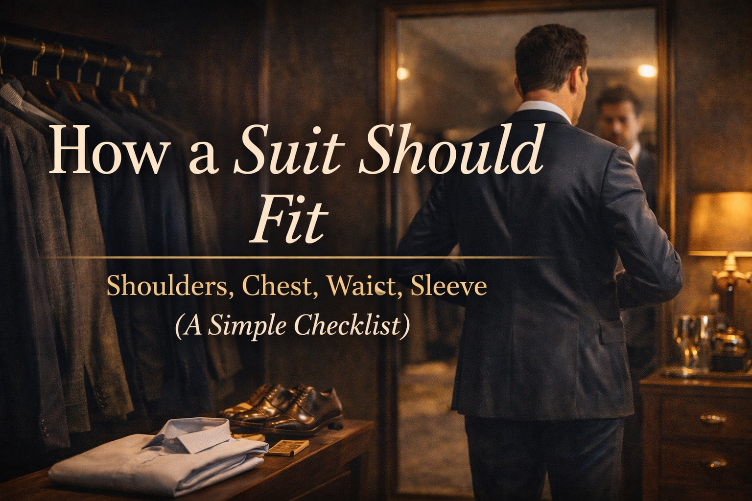 Man checking suit fit in a mirror focusing on clean shoulders, chest closure, and sleeve length